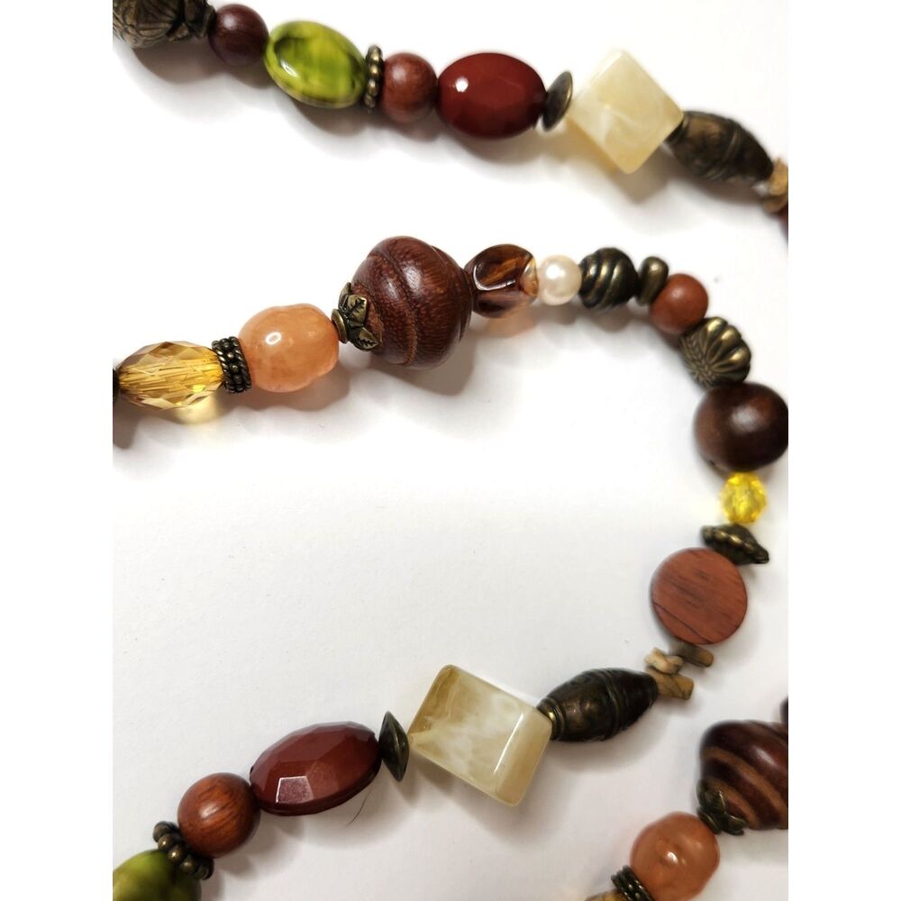 Boho Beaded Tassel Lariat Necklace Long Endless Strand Earth Tones 44 inches